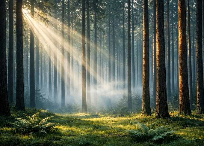 Sunlit Forest with Mist and Ferns