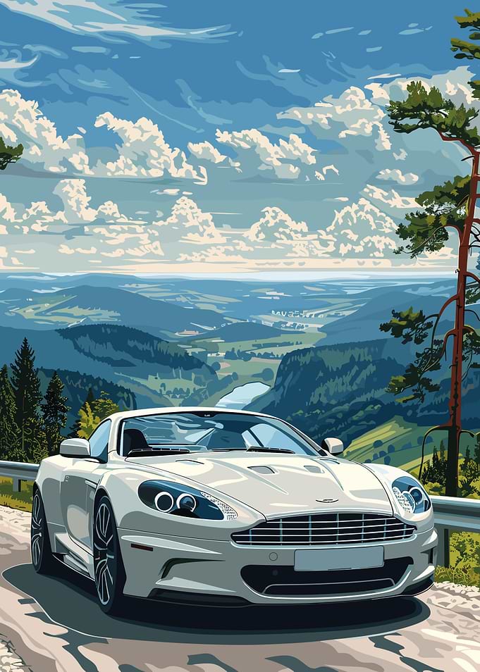 White Aston Martin in Mountain Landscape