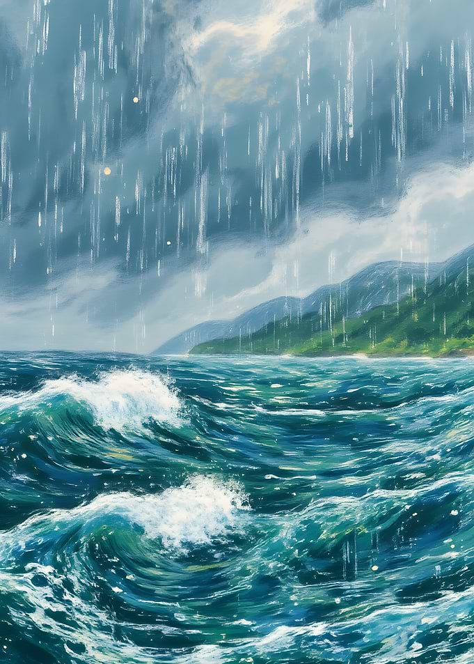 Rainy Seascape with Waves and Mountains