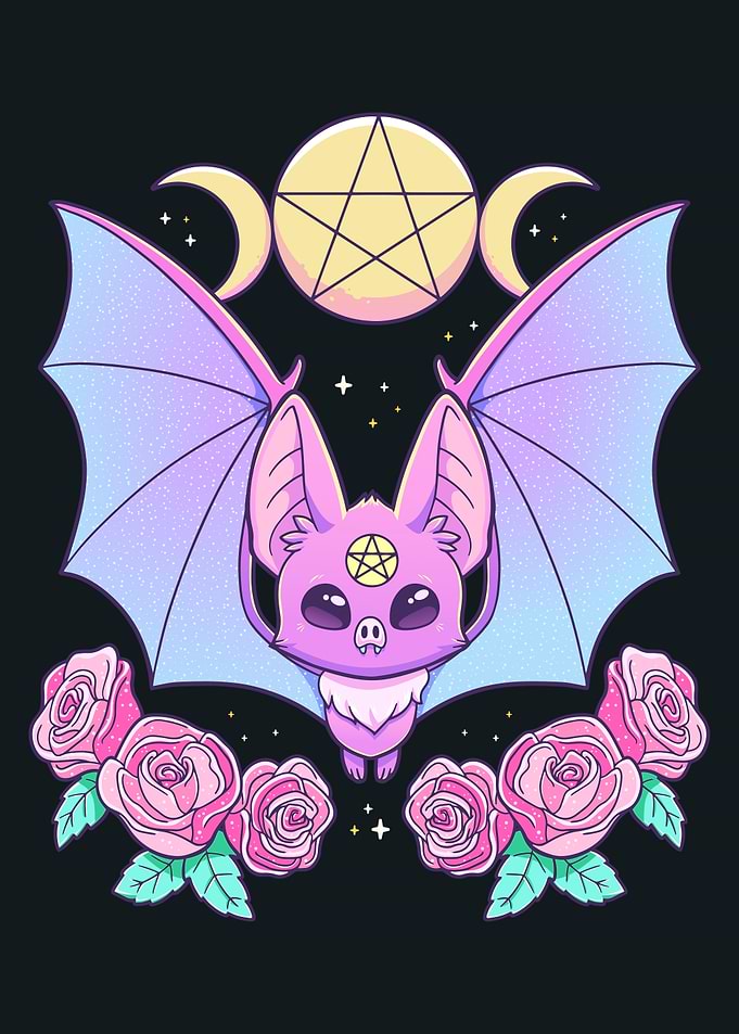Pastel Goth Bat with Roses and Moon