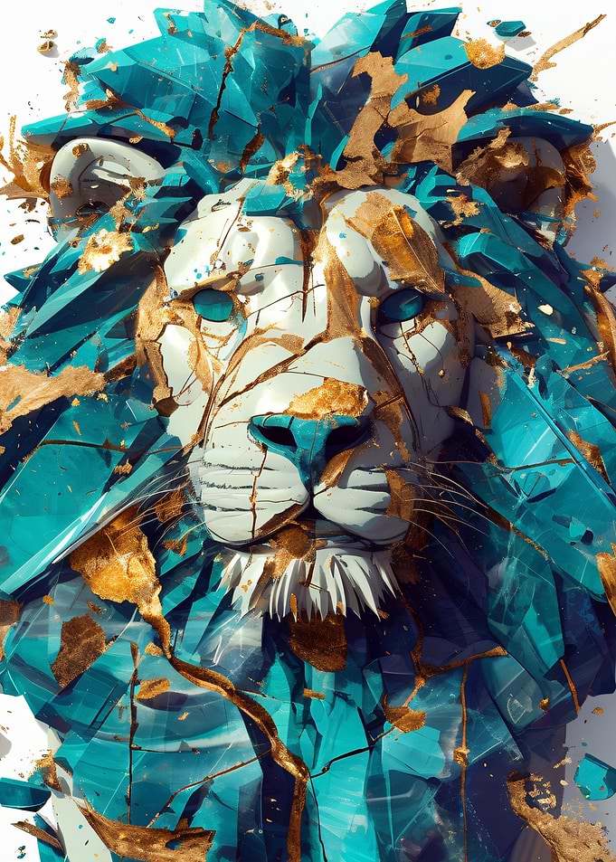 Abstract Lion Head with Turquoise and Gold