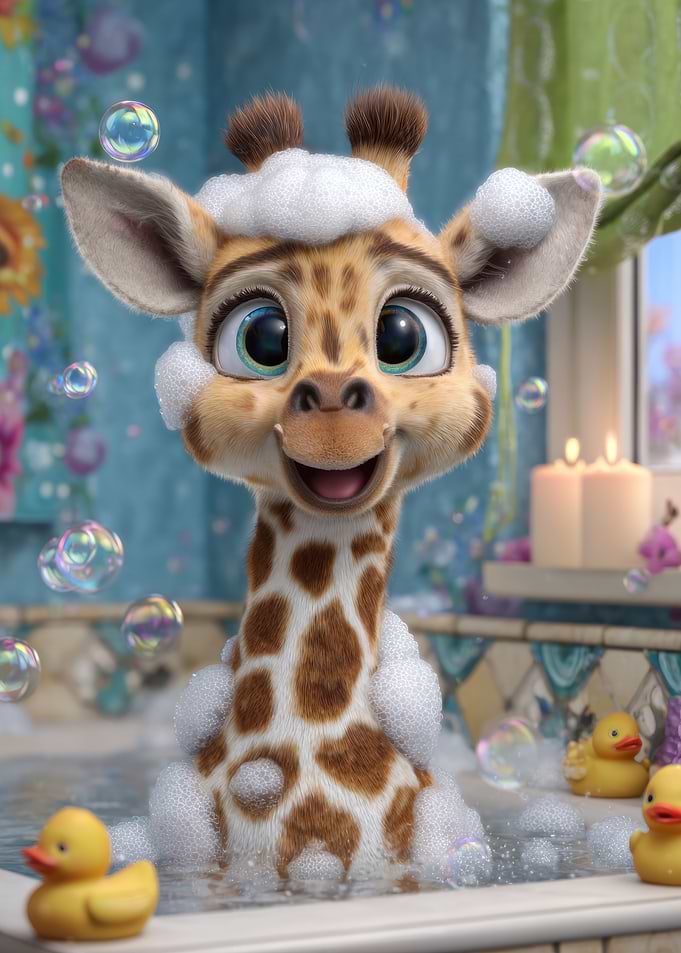 Cartoon Giraffe Taking a Bubble Bath