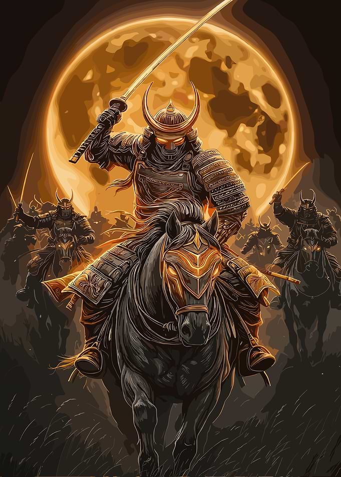 Samurai Warriors on Horseback under Full Moon