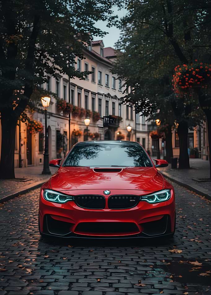 Red BMW on Cobblestone Street