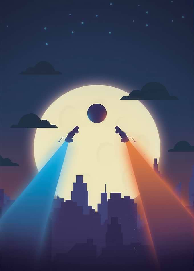Cityscape with Searchlights and Moon