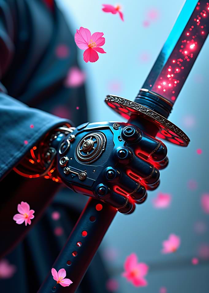 Cyberpunk Samurai Sword with Cherry Blossoms