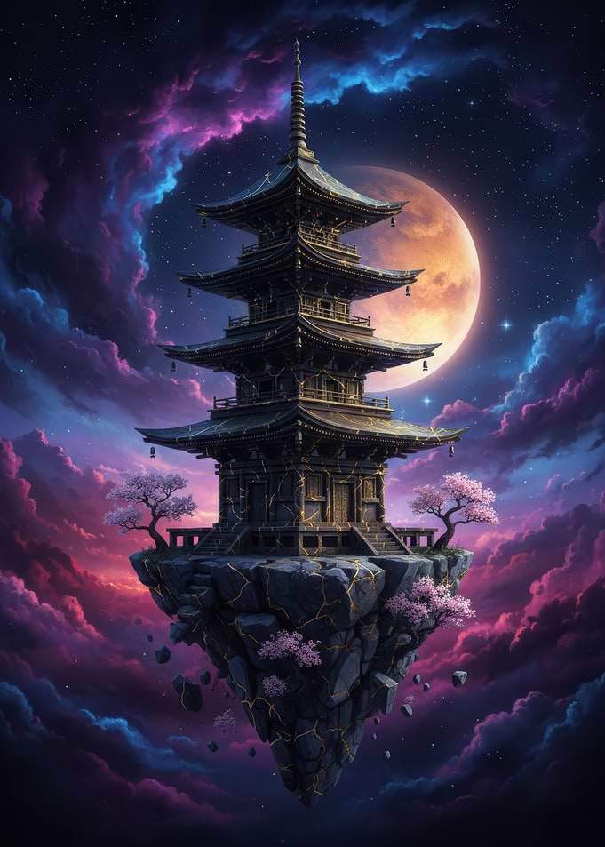 Floating Kintsugi Pagoda with Cherry Blossoms