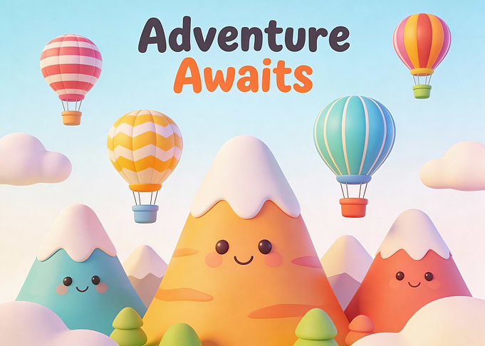 Adventure Awaits: Cartoon Mountains and Balloons