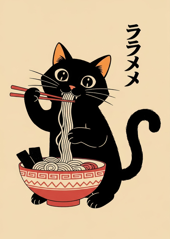 Black Cat Eating Ramen