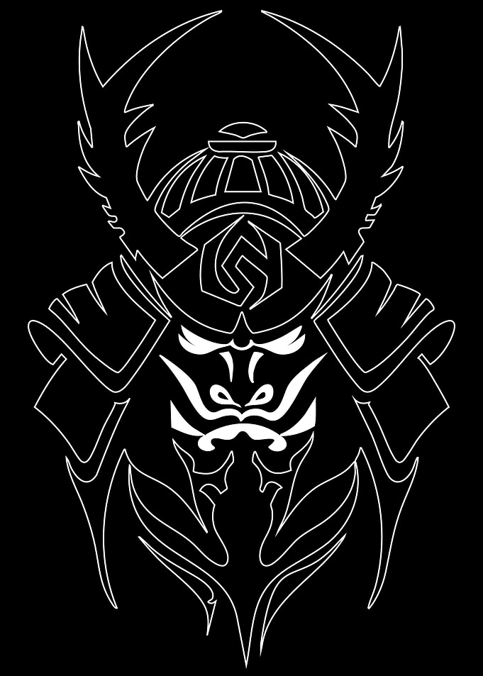 Samurai Helmet Outline on Black Background