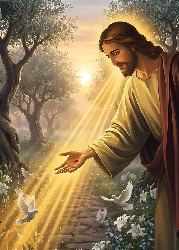 Jesus Christ with Doves and Light
