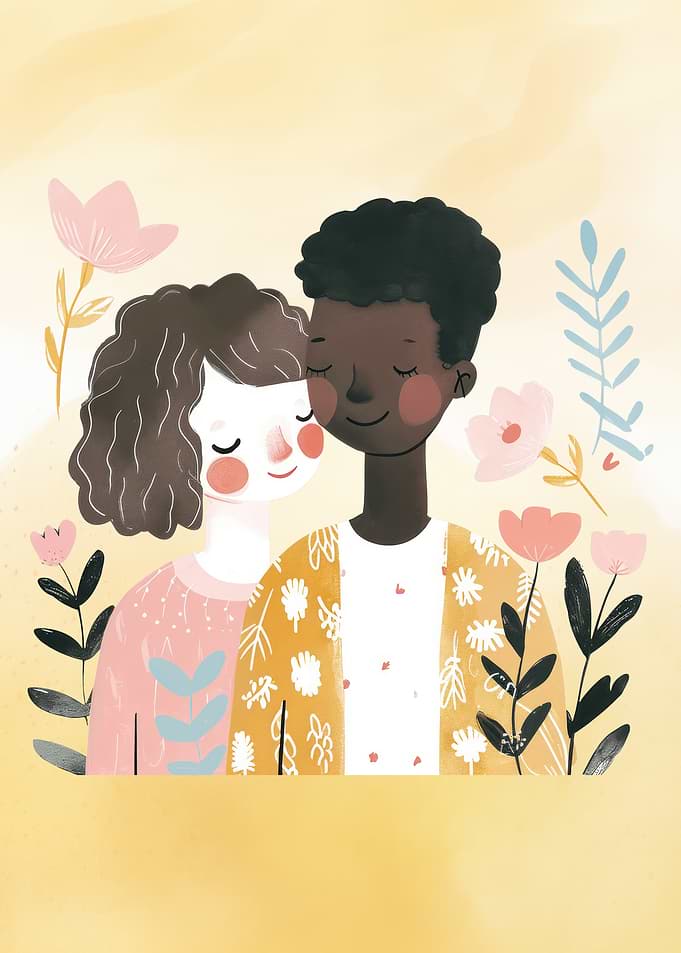 Illustration of an embracing couple with flowers