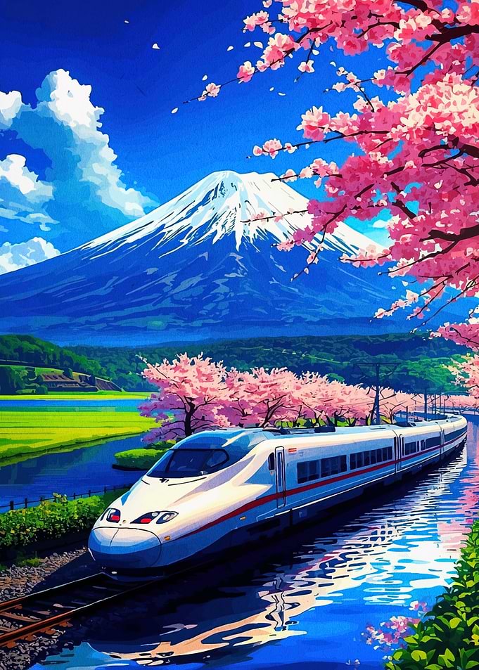 Japanese Train with Cherry Blossoms