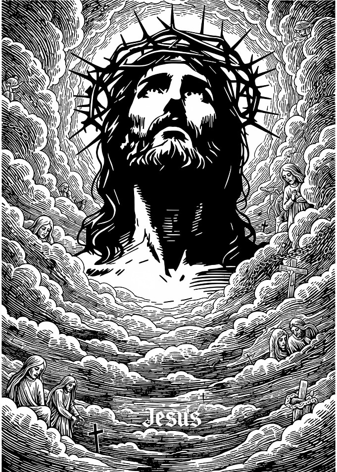 Jesus Christ in Clouds, Black and White