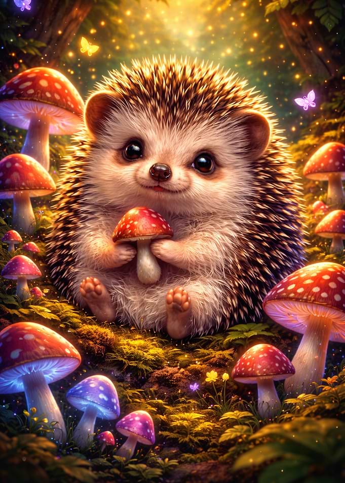 Magical Hedgehog in Enchanted Forest – Cozy Fantasy Animal Art