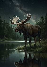 Moose by the Lake at Night