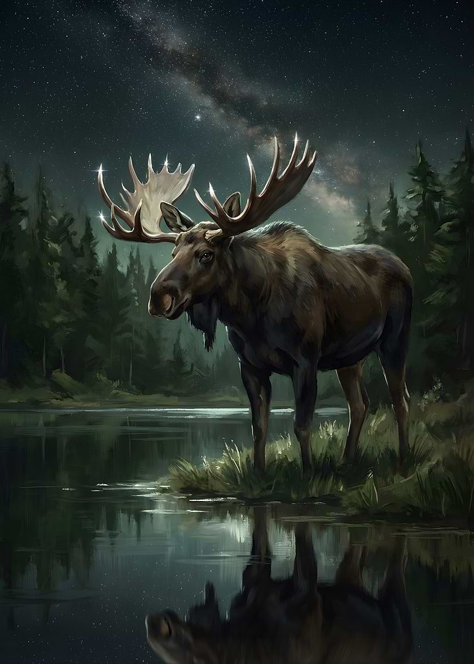 Moose by the Lake at Night