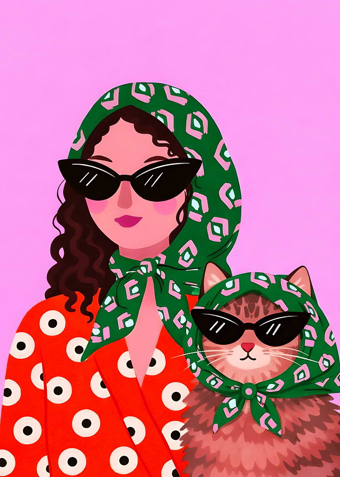 Stylish Woman and Cat with Scarves
