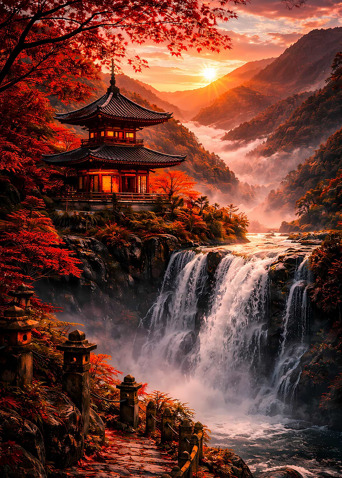 Japanese Pagoda Waterfall Autumn Landscape