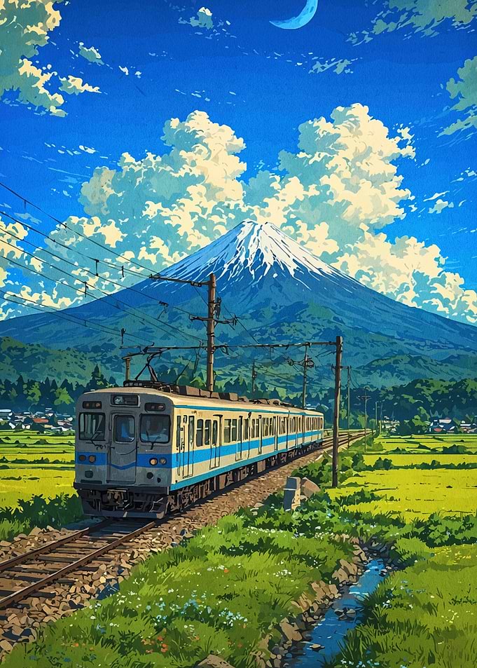 Japanese Train with Mount Fuji Backdrop