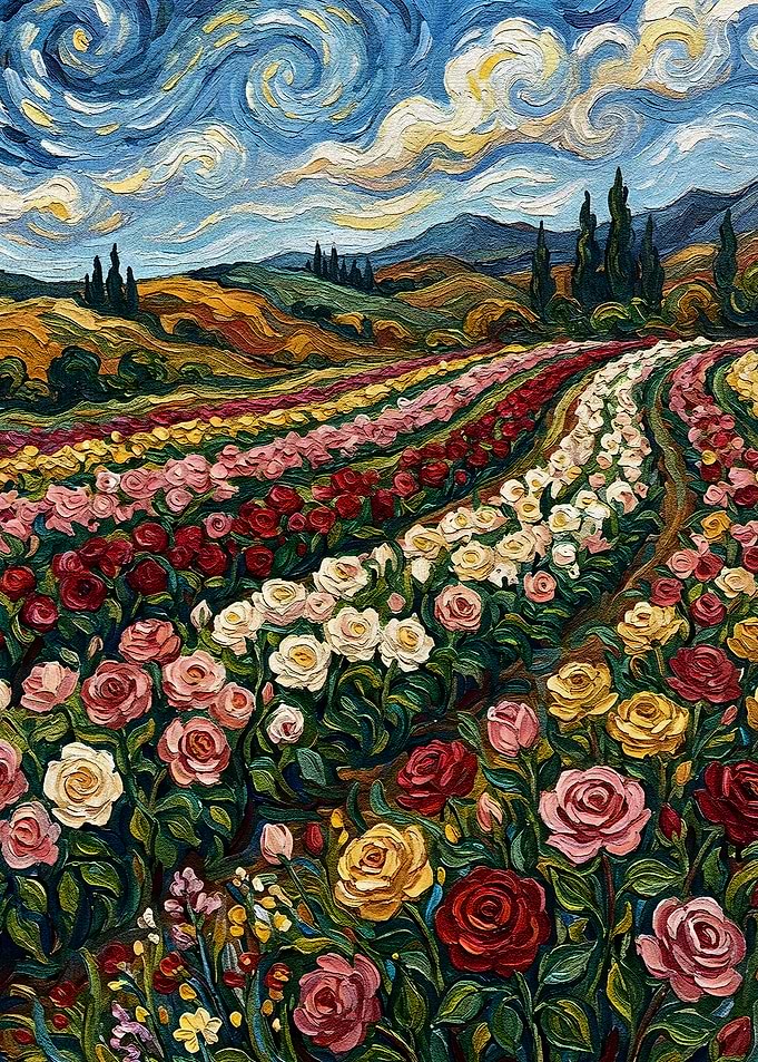 Rose Field Painting in Van Gogh Style