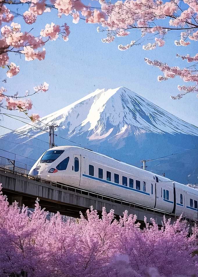 Japanese Train with Mount Fuji and Cherry Blossoms