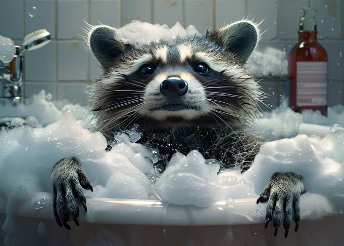 Raccoon Relaxing in a Bubble Bath