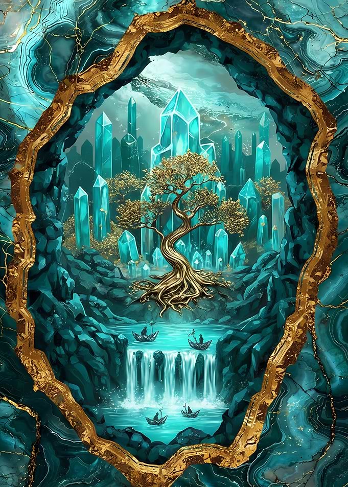 Crystal Cave Landscape with Golden Tree