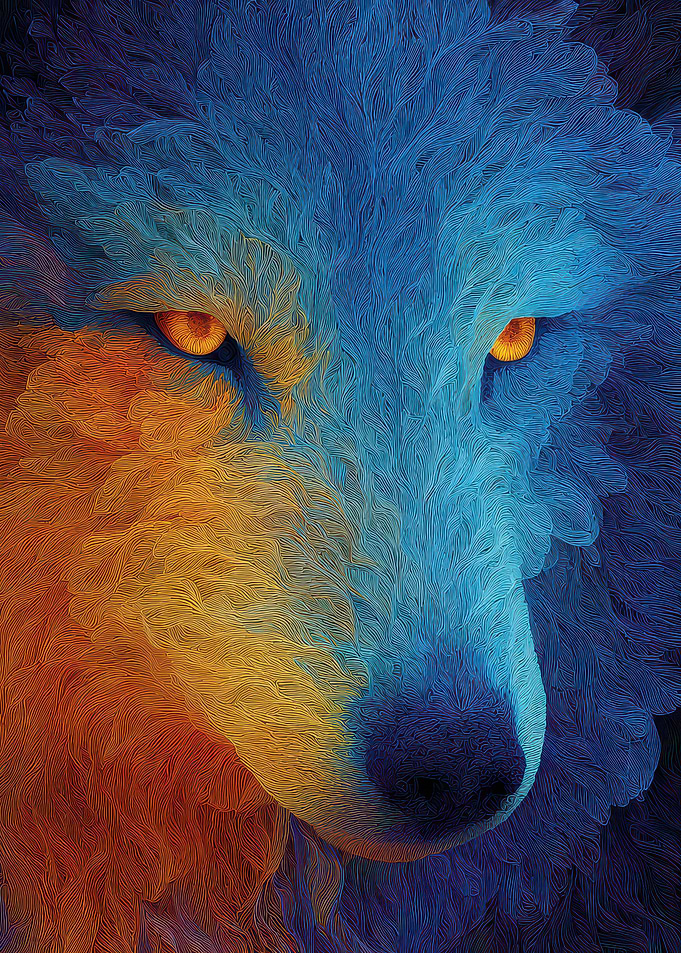 Abstract Wolf Portrait with Fiery Eyes