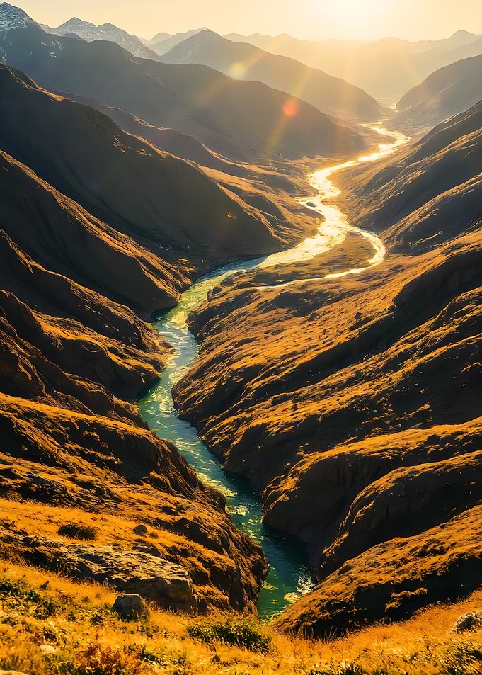 Mountain River Valley at Sunset