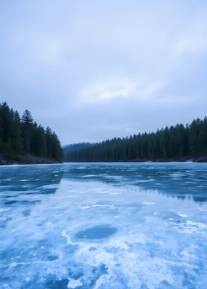 Frozen Lake Landscape with Forest