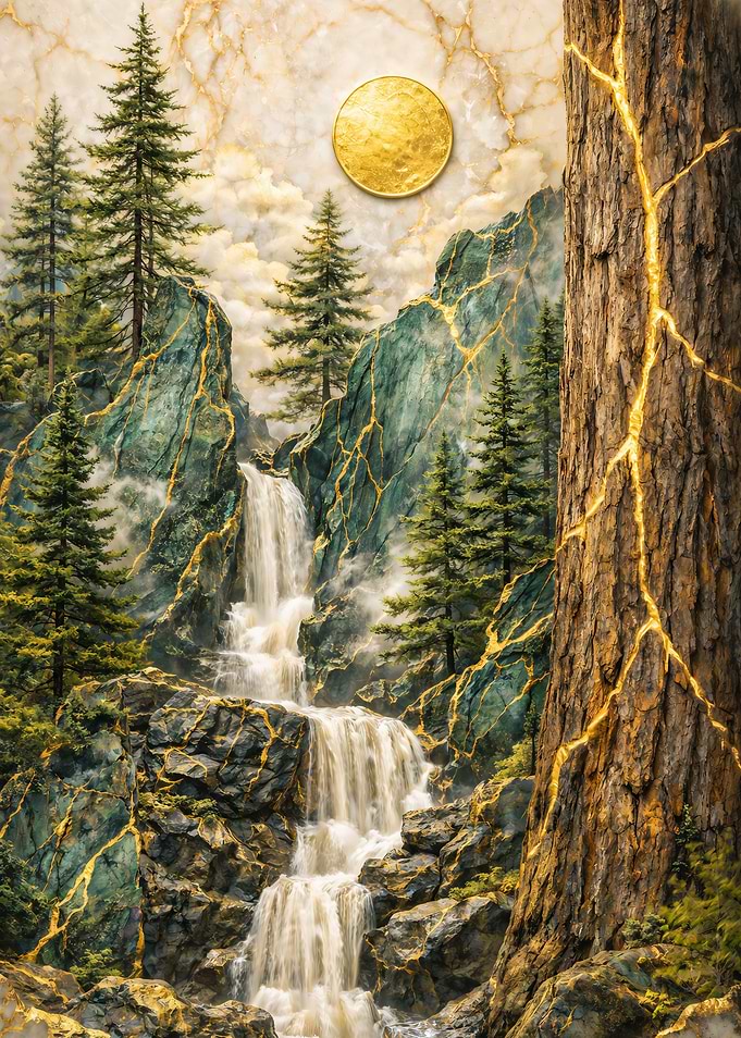 Golden Waterfall Landscape with Marble Sky