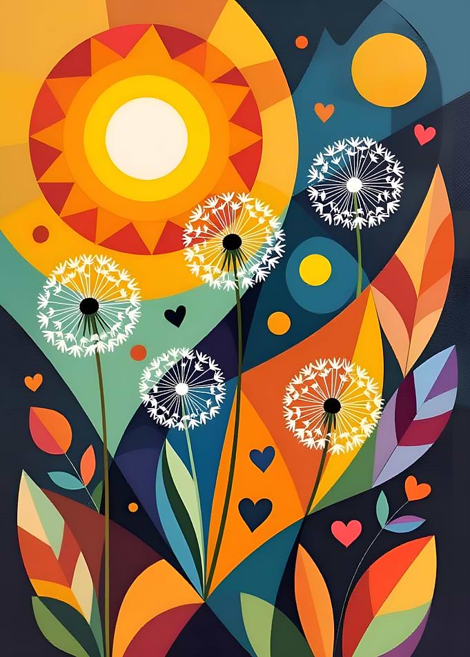 Colorful Geometric Dandelions and Sun Art