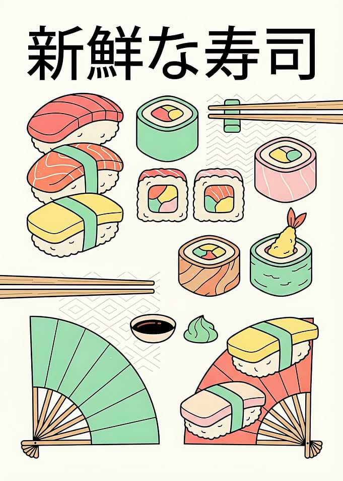 Fresh Sushi Illustration with Japanese Elements