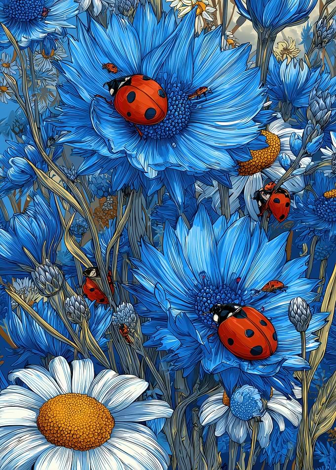 Blue Flowers and Ladybugs