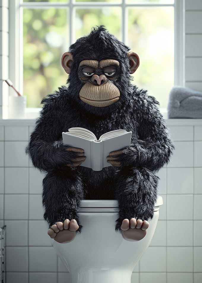 Chimpanzee reading on the toilet