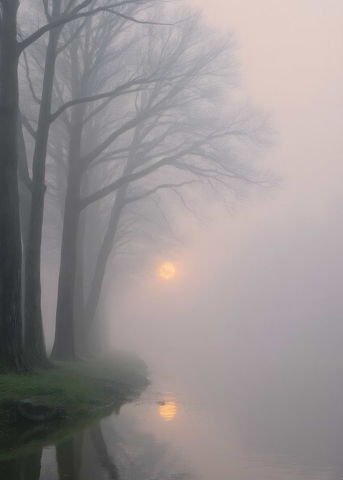 Misty Lake with Trees and Sun