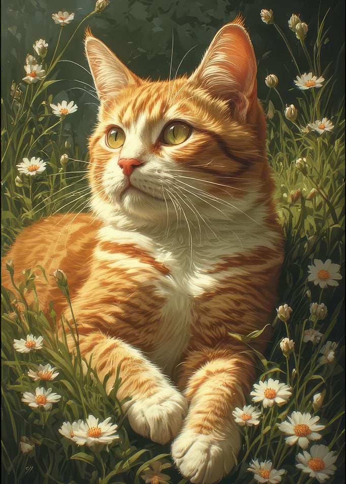 Orange tabby cat resting in daisies on sunny day