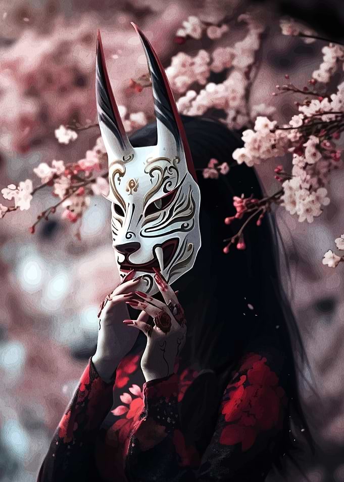 Woman with Kitsune Mask in Cherry Blossoms