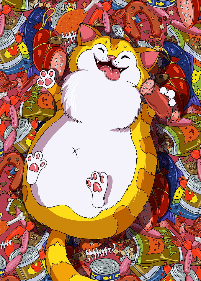 Happy Cat Surrounded by Food