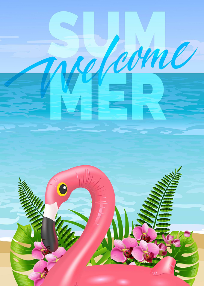 Welcome Summer Flamingo Beach Illustration