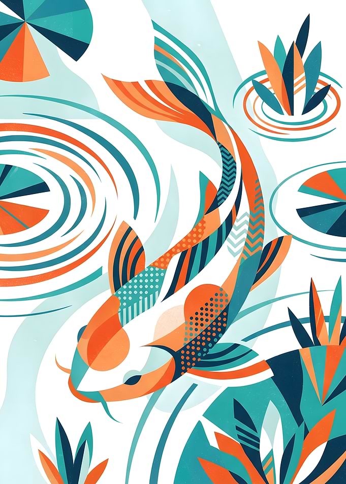 Geometric Koi Fish Pond Illustration
