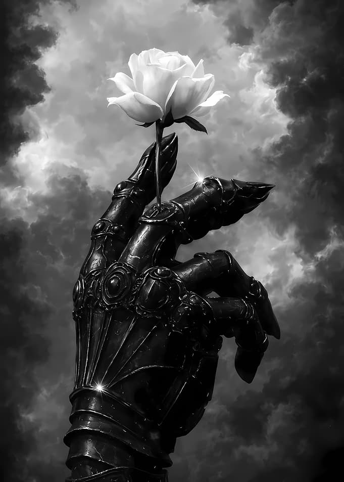 Armored Hand Holding White Rose