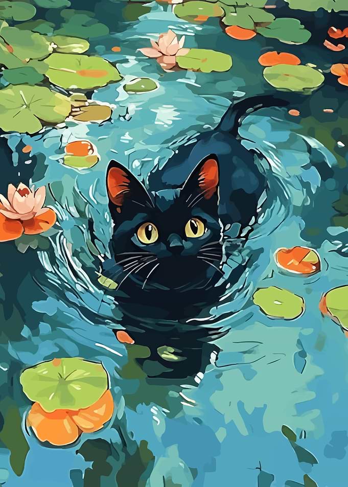 Black Cat Swimming in Lily Pond