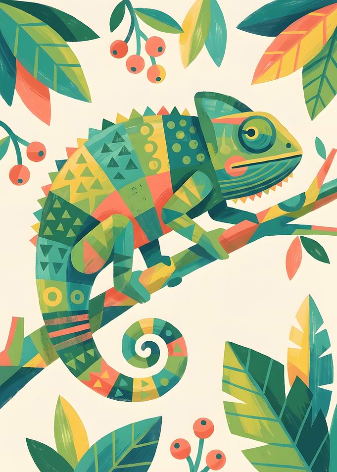 Colorful Chameleon on Branch Illustration