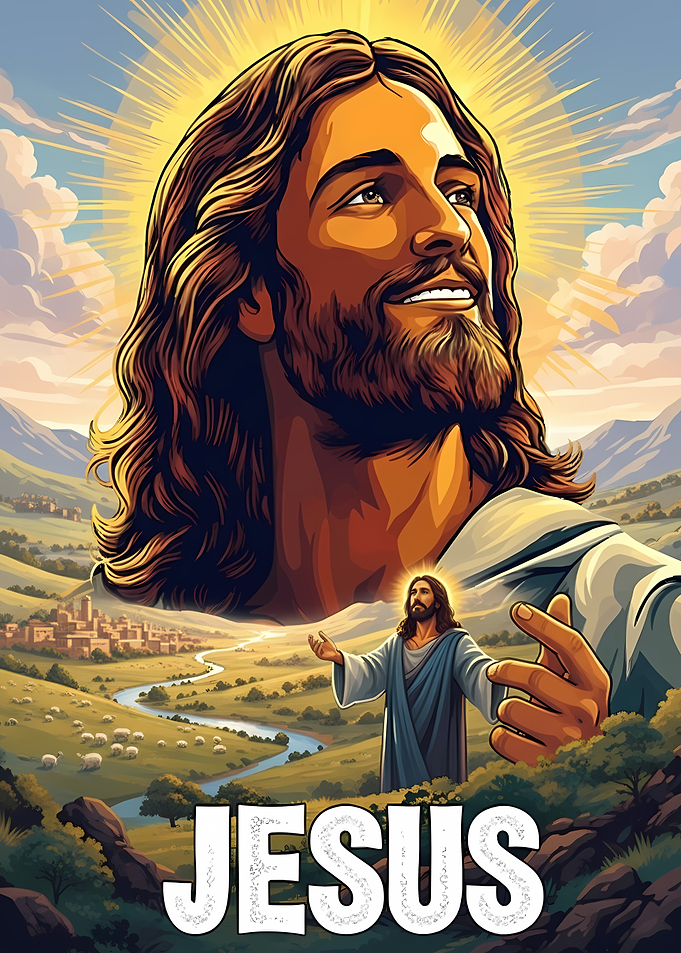 Jesus Christ Illustration with Landscape