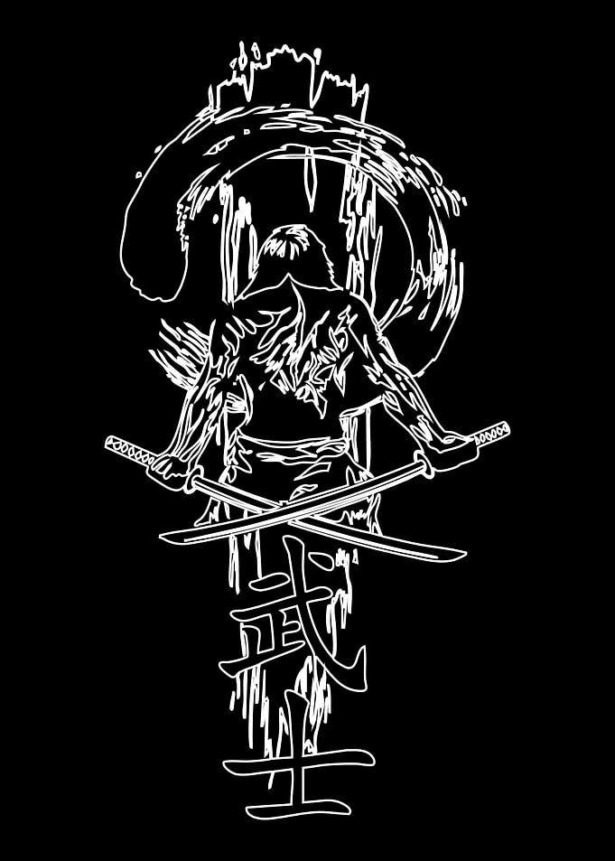 Samurai Warrior with Swords Outline Art