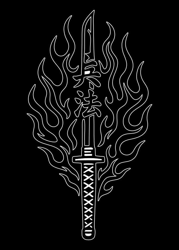 Sword with Flames and Japanese Text