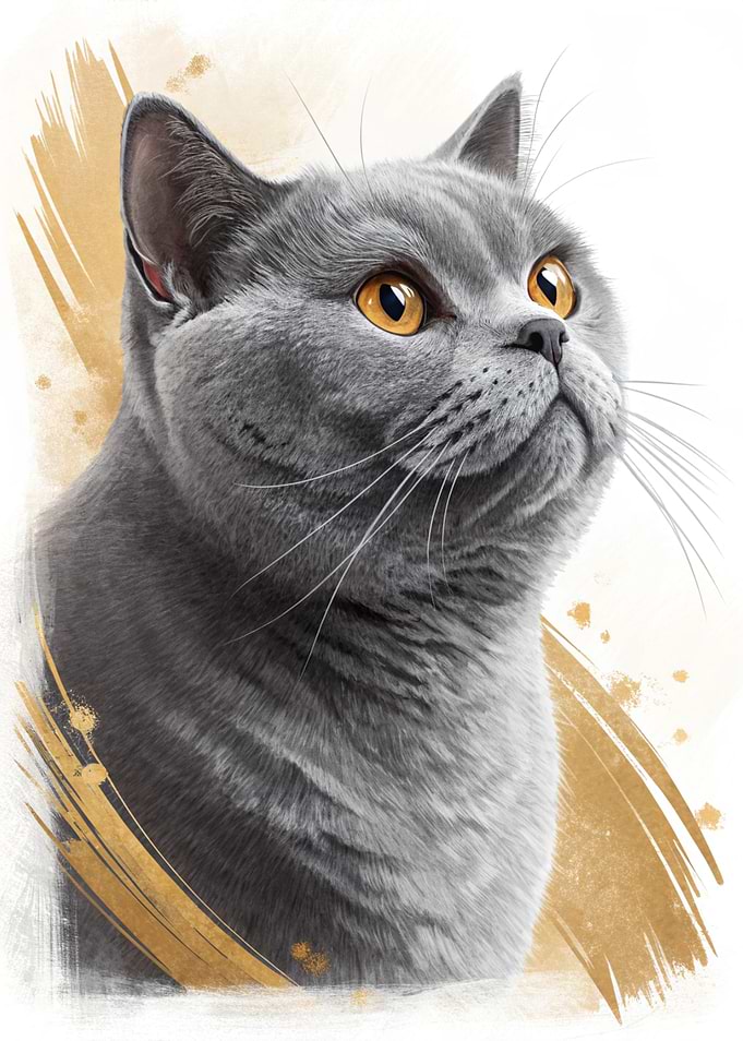 Gray Cat Portrait with Golden Accents