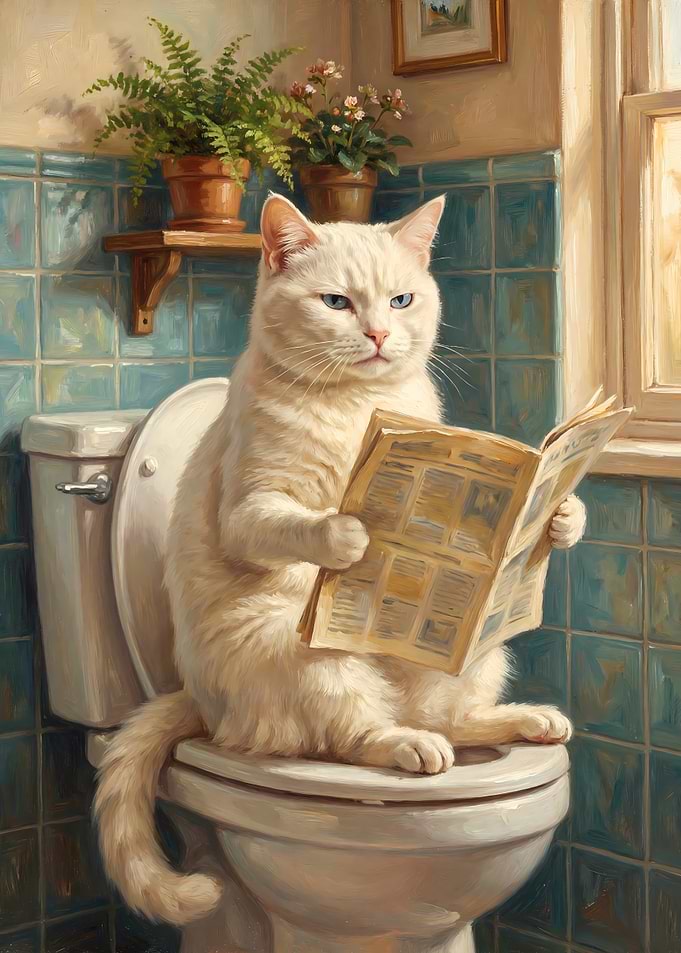White Cat Reading Newspaper on Toilet
